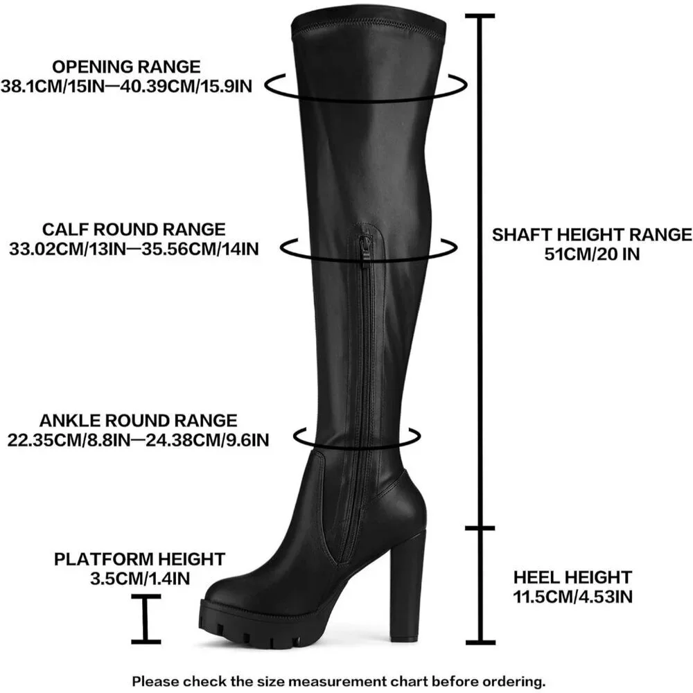 Women's Black Platform Boots Chunky Heel Over Knee High Rounded Toe Long Boots